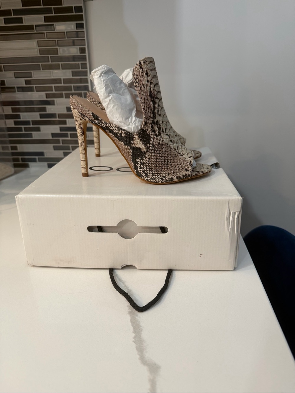 Aldo Snake-Print Open-Toe Stiletto Mules in Neutral Brown and Cream